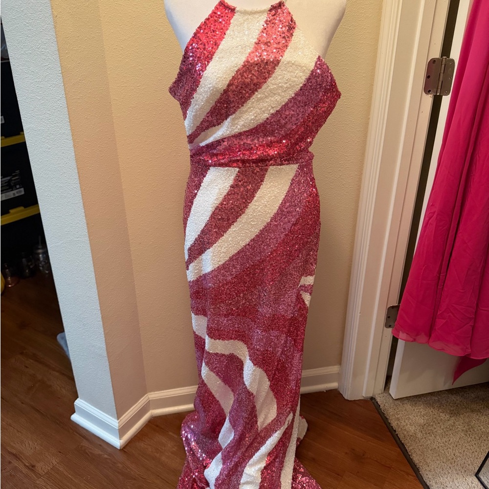 B Darlin Strapless Pink and White Sequin Dress